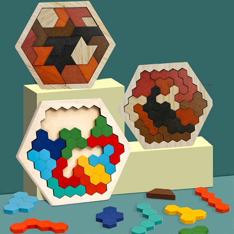 1pc Wooden Hexagon Puzzle - Brain Teaser Toy for Kids & Adults - STEM Montessori Educational Gift for All Ages - Challenge Your Logic & IQ!