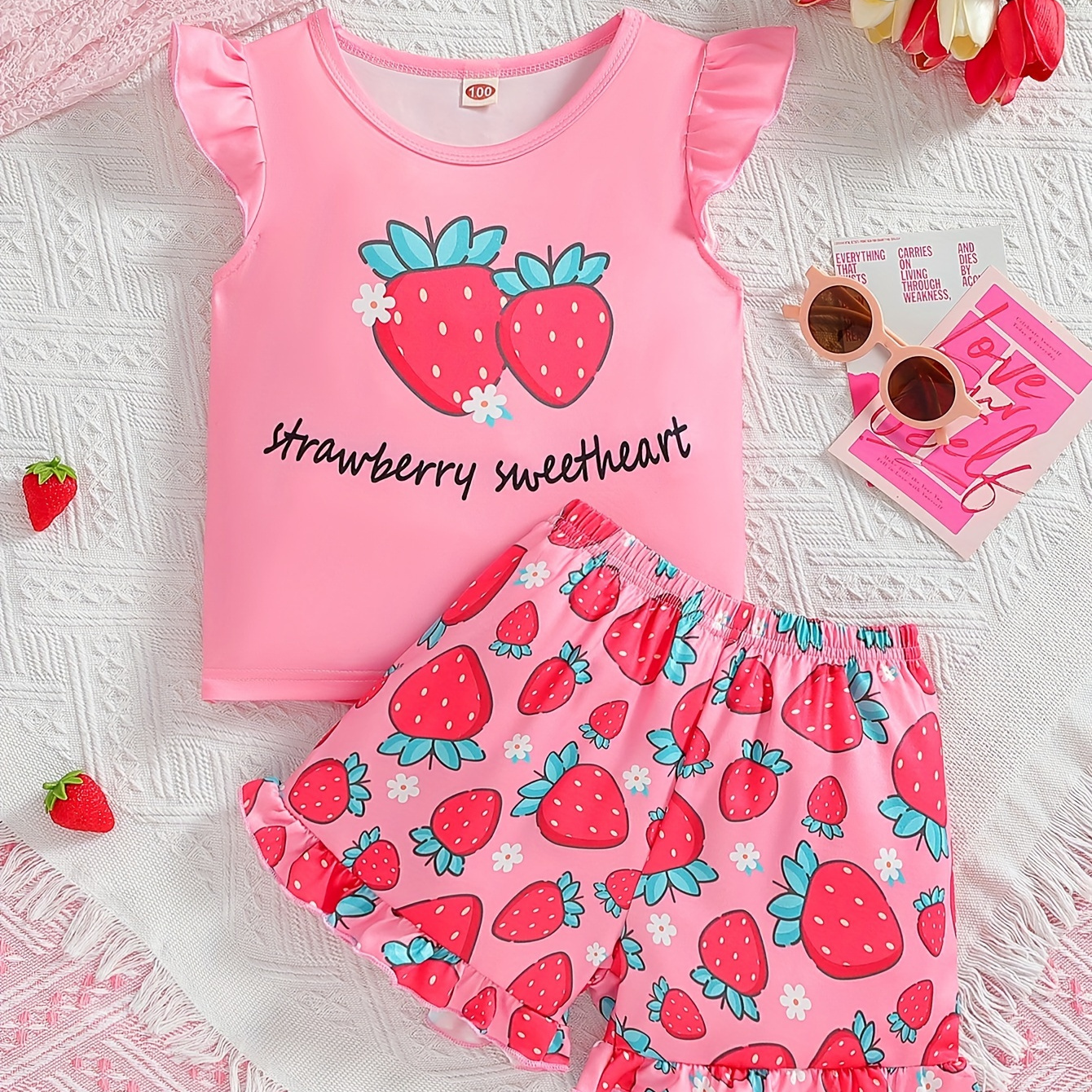 

Summer Outfits Girl's Strawberry Print Frill Sleeve Top + Full Print Shorts Set Holiday Casual Going Out 2pcs Clothes