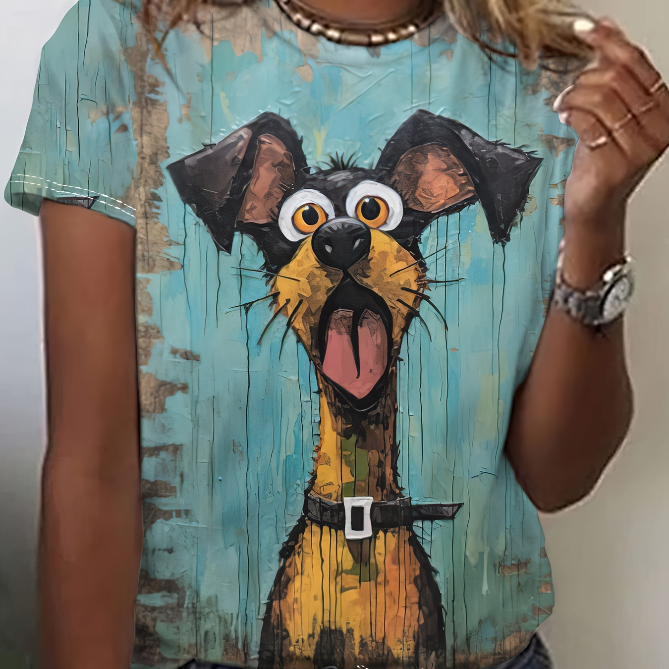 

Dog Print T-shirt, Casual Short Sleeve Crew Neck Top For Spring & Summer, Women's Clothing