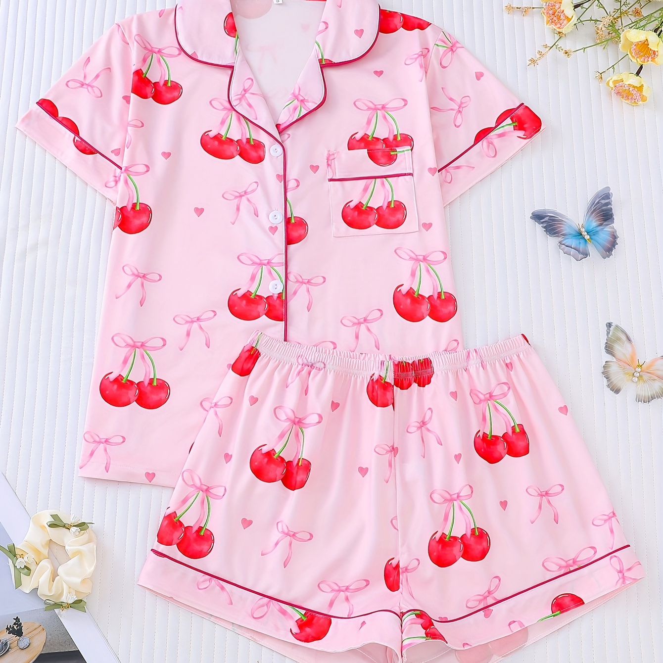 

Two-piece Foundation Cherry Bow Pajama Set That Outside, Short-sleeved Cardigan With Turned-up Collar And Loose Elastic Shorts, Casual Four-season Women's Pajama And Loungewear Set