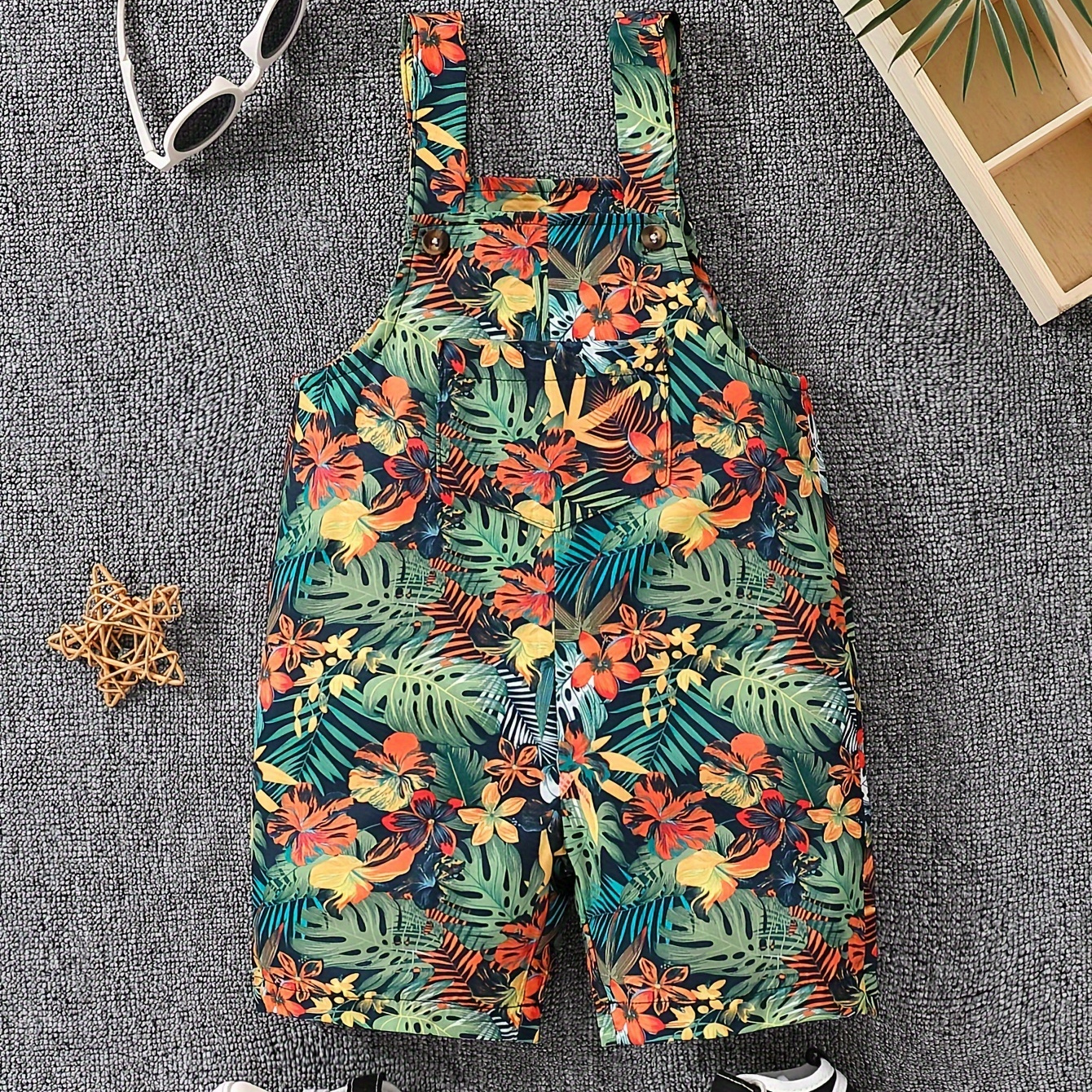 

Girls Tropical Print Overalls, Casual Style, Summer Sleeveless Romper With Button Accents, Colorful Floral And Leaf Design For Girls