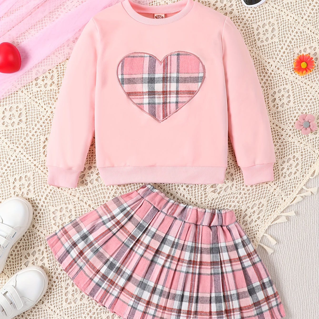 

Sweet Toddler Girls 2pc, Plaid Heart Graphic Pullover + Plaid Pleated Skirt Set Kids Clothes Gift Spring Fall