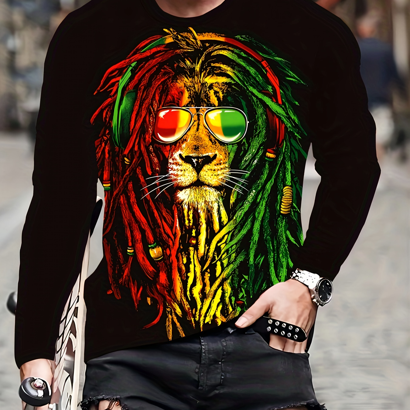 Plus Size Men's Colorful Lion Graphic Print T-shirt Spring Fall Winter Long Sleeve Tees For Males, Men's Clothing