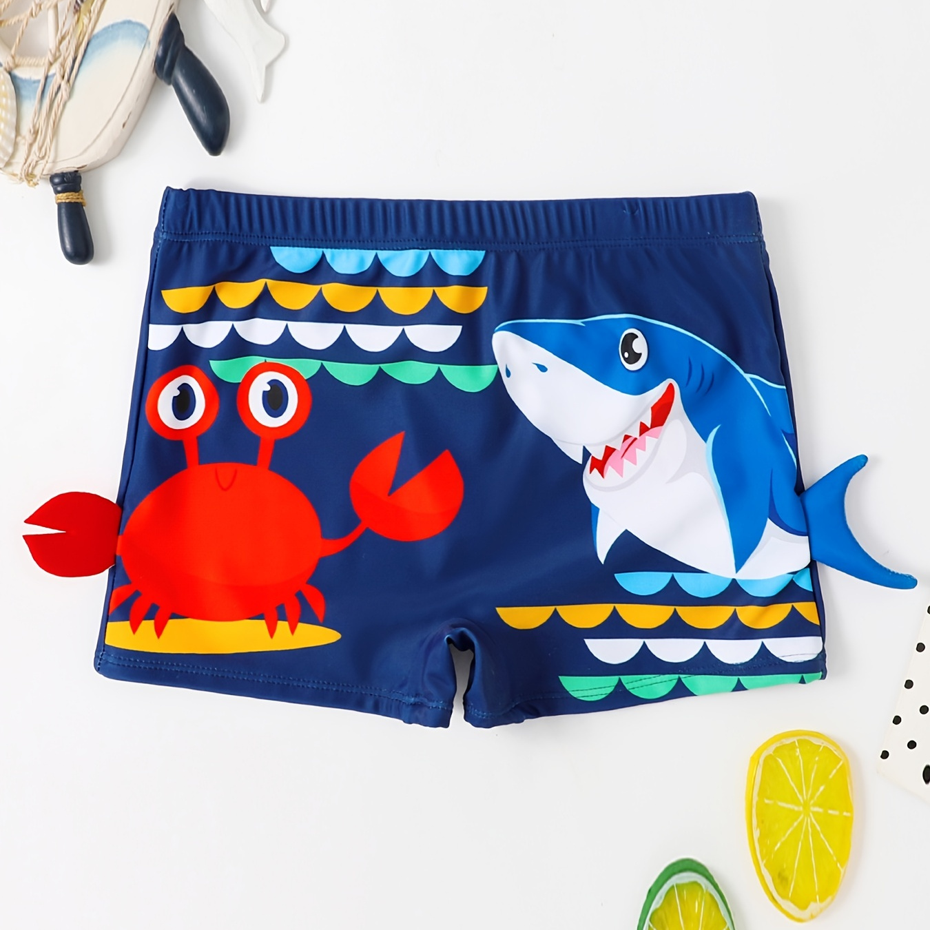 

Toddler Boys Cartoon Crab And Shark Graphic Swim Shorts For Swimming Beach Trunks Kids Summer Clothes