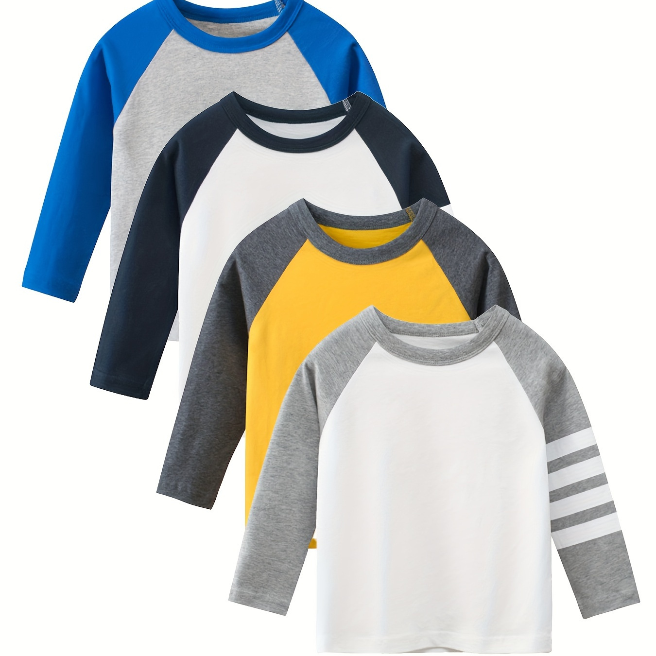 

4 t-shirts décontractés à manches raglan pour garçons - Hauts confortables et élégants pour le printemps et l'automne - Cadeau idéal pour les activités quotidiennes en plein air