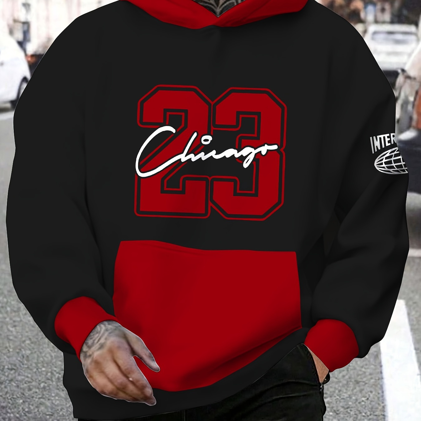 

chicago #23" Alphabet Print Men's Hooded Color Sweatshirt With Drawstring Design, Men's Pullover Tops For Spring Autumn