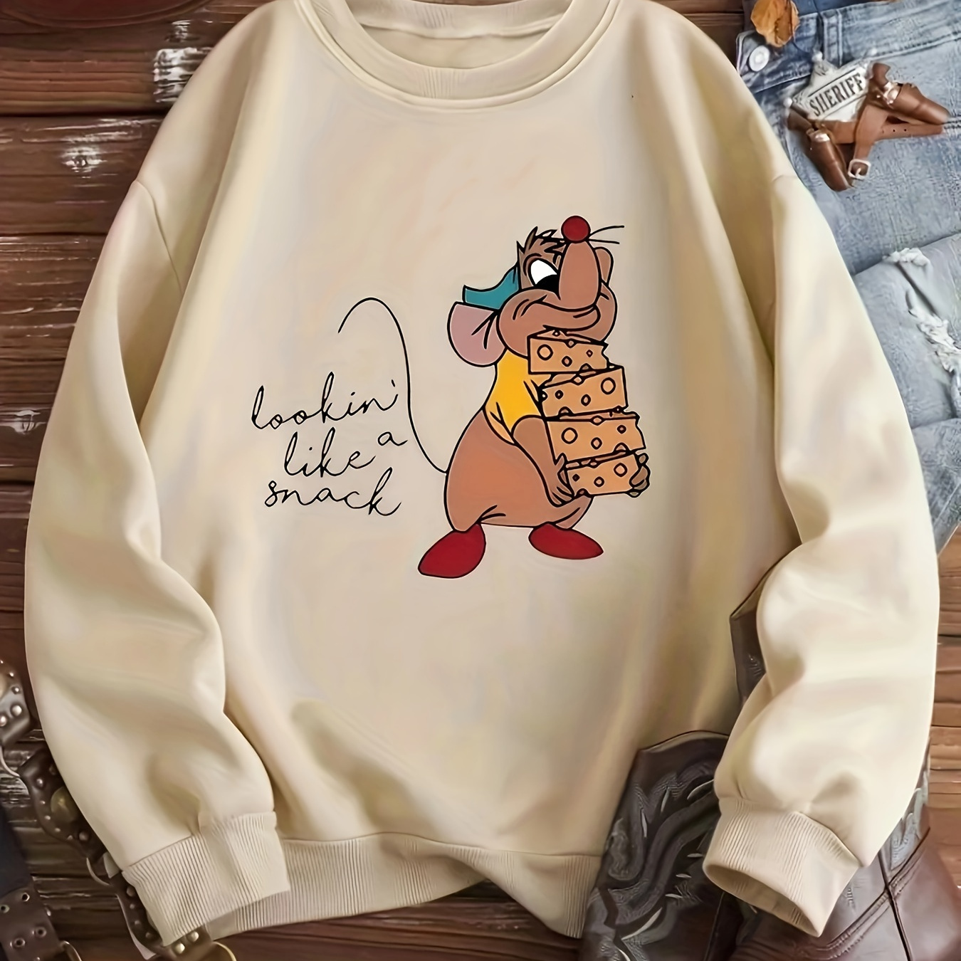 

Cozy Cartoon Mouse & Cheese Print Sweatshirt - Casual Crew Neck, Long Sleeve Pullover For Women - Soft Polyester , Fall/winter