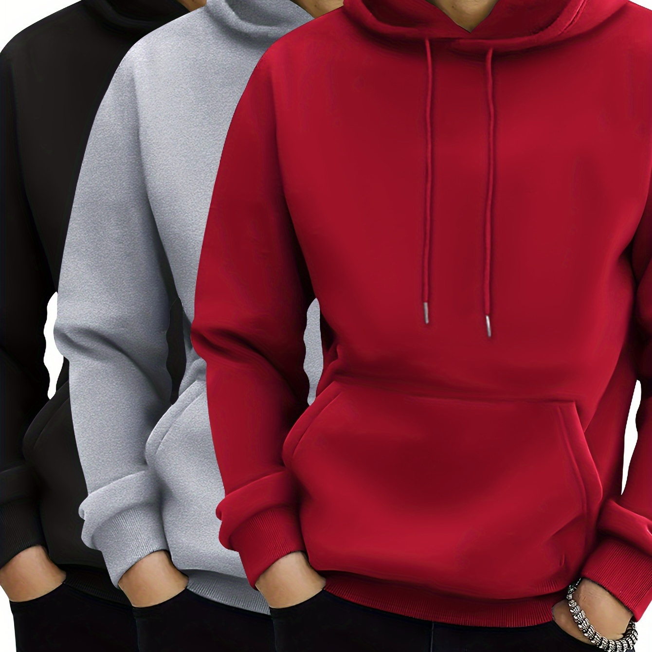 

3pcs Men' Color Hooded Sweatshirt, Casual Trendy Long Sleeve Sports Top As Gift