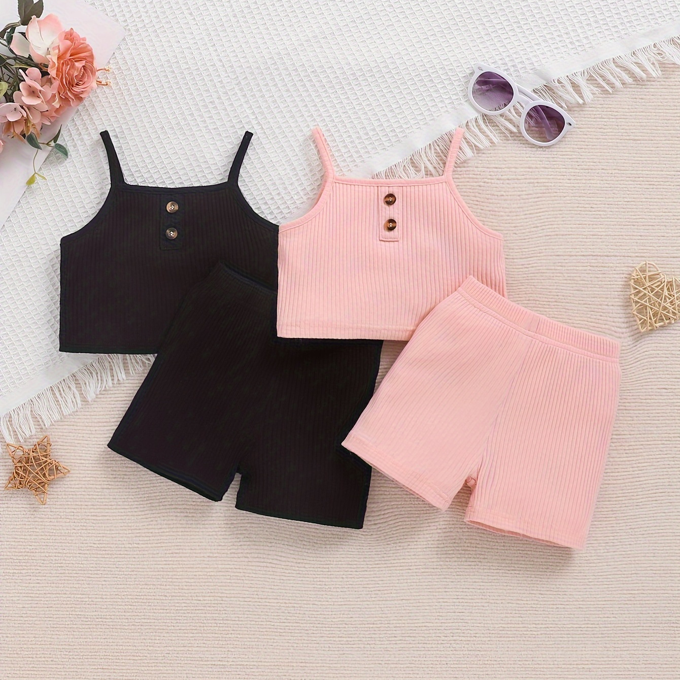 

4-piece Girls' Cotton Ribbed Tank Top & Shorts Set, Fashionable Solid Color Casual Outfits For Kids, Sleeveless Crop Top With Button Detail, Cozy Summer Lounge Wear