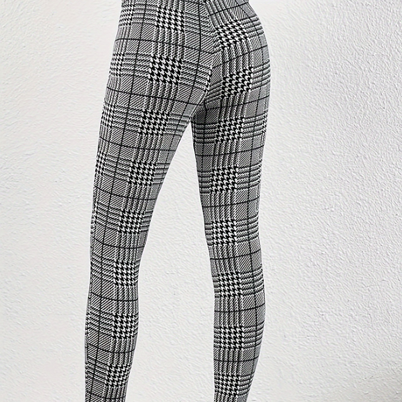 

Leggings ajustés à imprimé écossais et pied-de-poule, élégants leggings taille haute extensibles, vêtements pour femmes