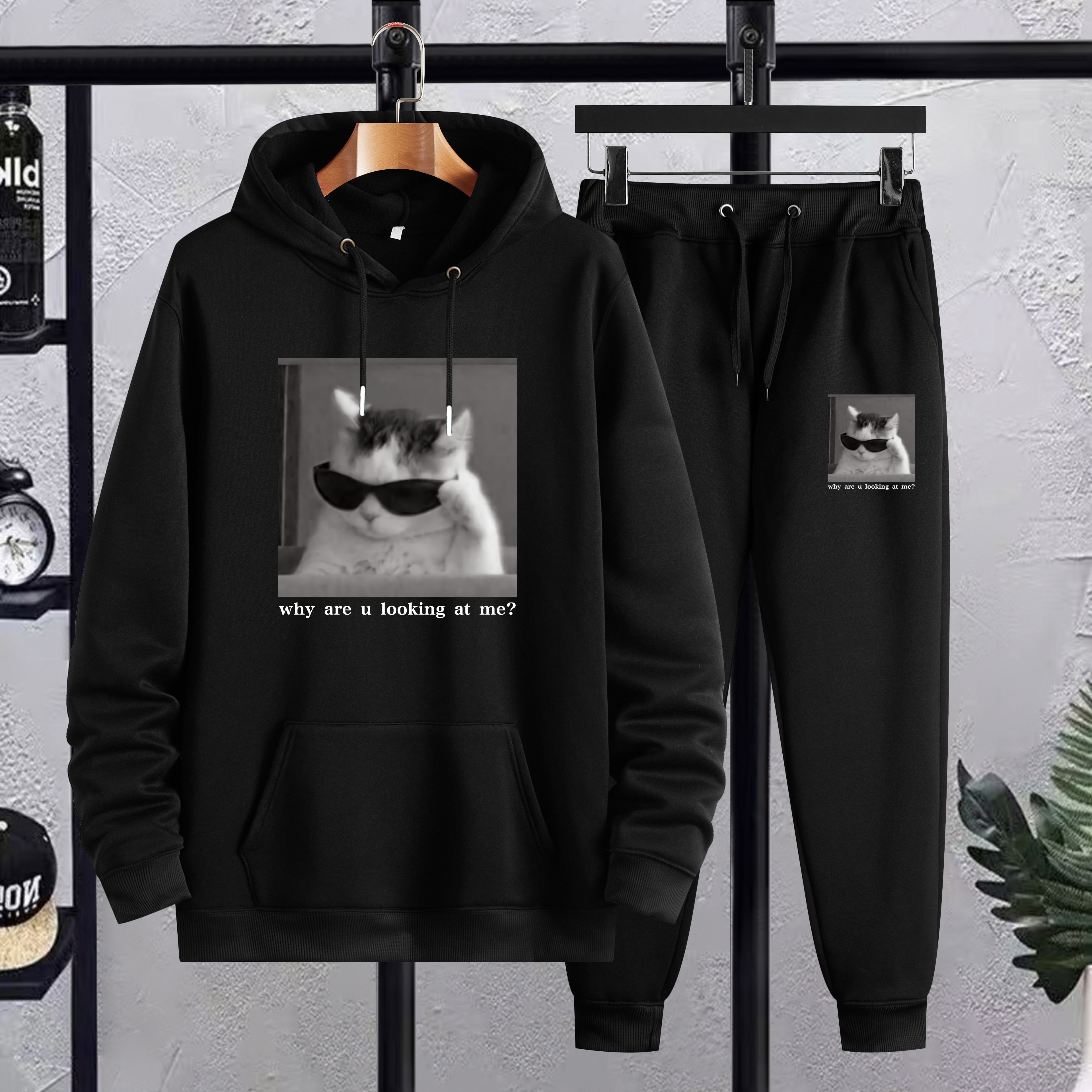 

cool Cat" Element Graphic Print Men's Casual Hoodies & Pants Sets, Oversized Loose Clothing Plus Size For Winter Fall
