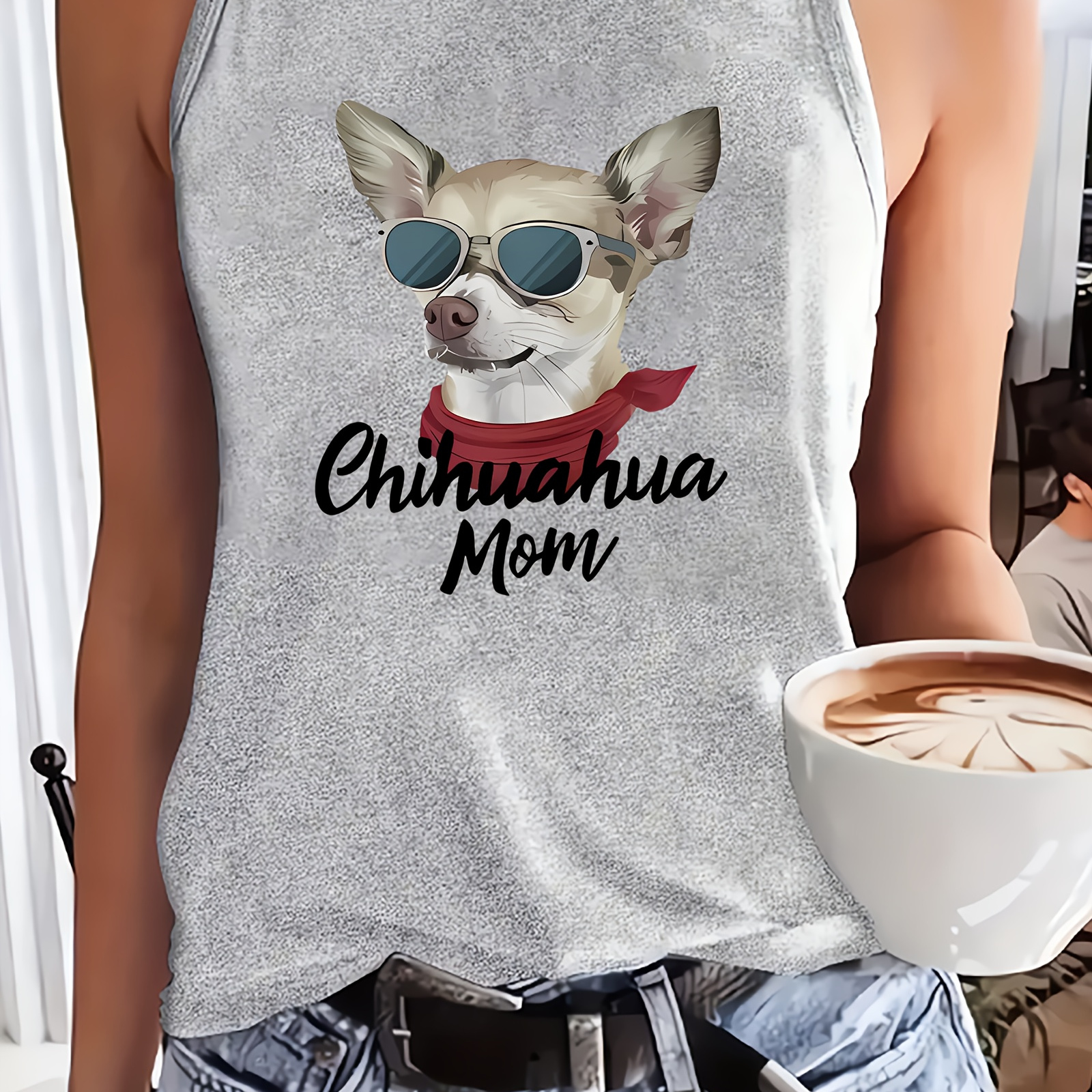 

1pc Chihuahua Mom Graphic Tank Top For Women, Casual Sleeveless Knit Vest, Round Neck Polyester Summer Top, Fashion