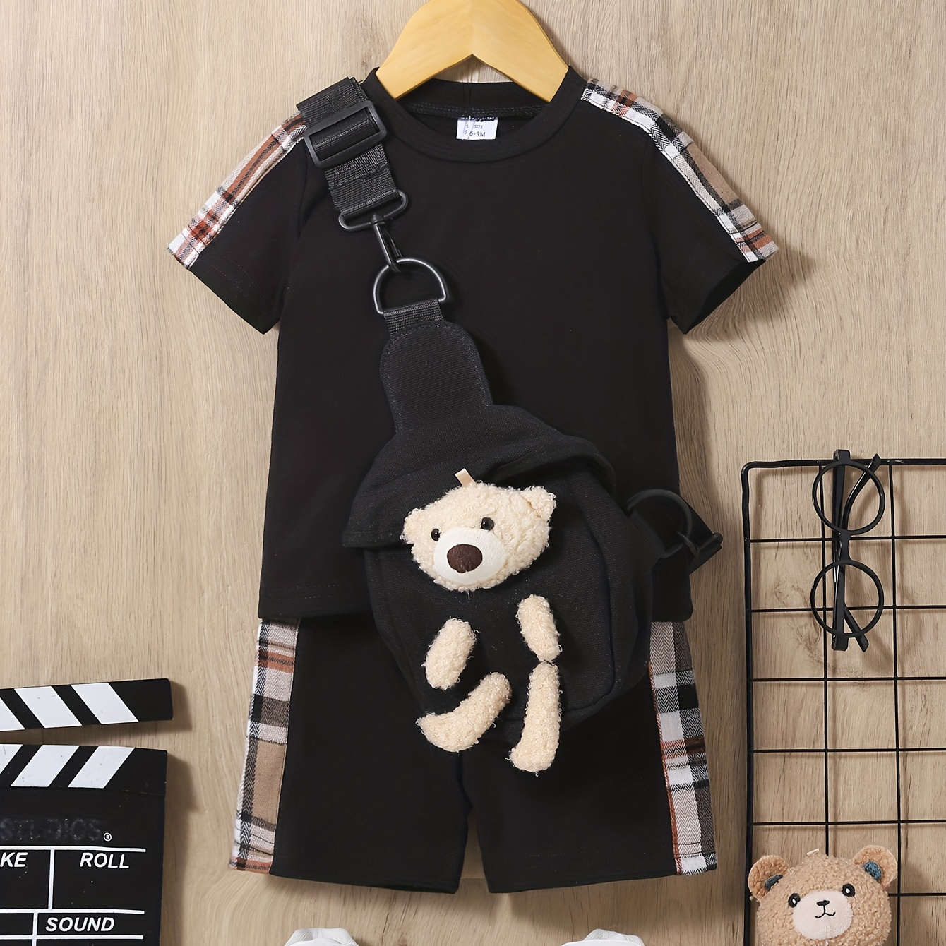 

3pcs Baby Boys Casual Plaid Round Neck T-shirt & Shorts & Bear Sling Bag Set Clothes