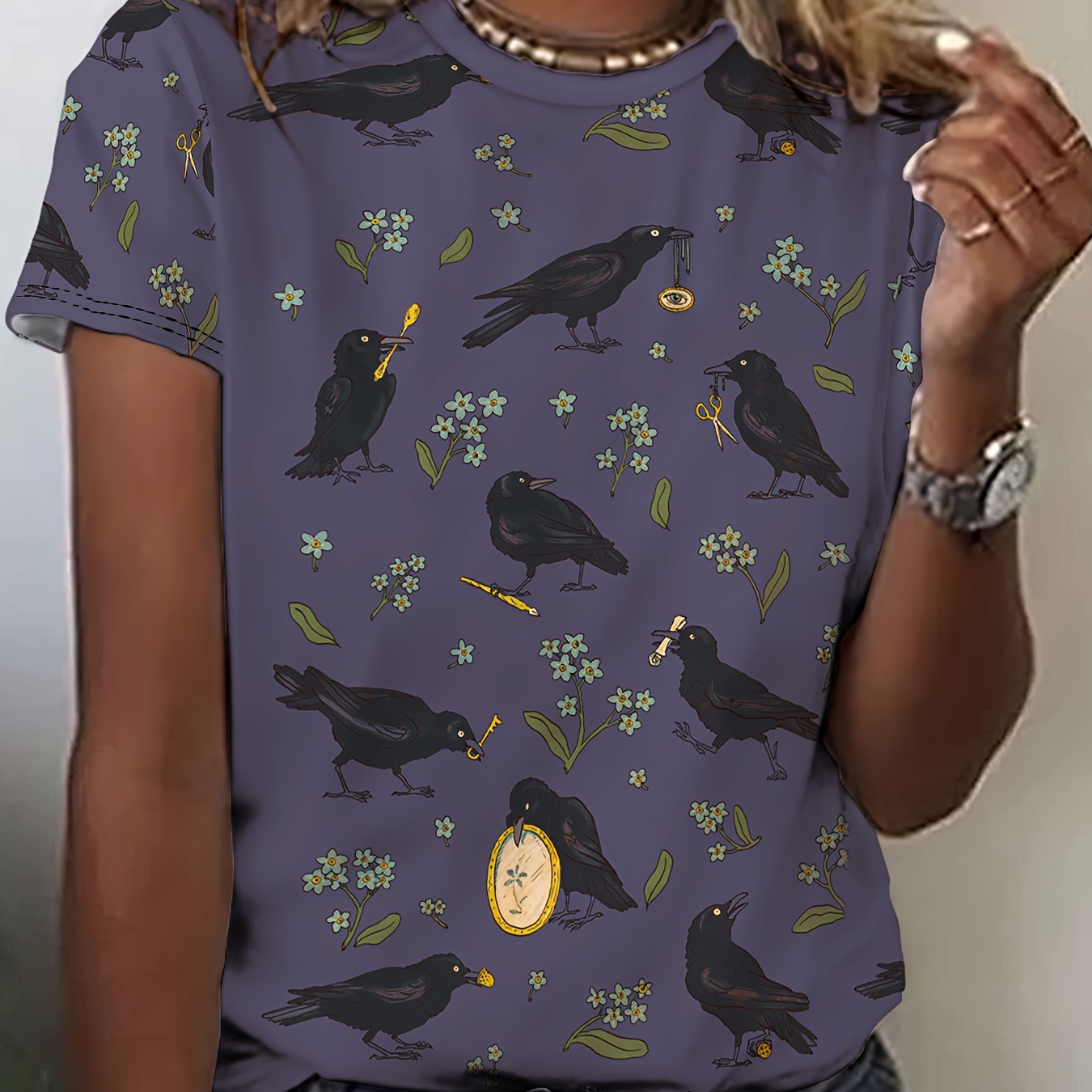 

Crow Print Crew Neck T-shirt, Short Sleeve Casual Top For Summer & Spring, Women's Clothing