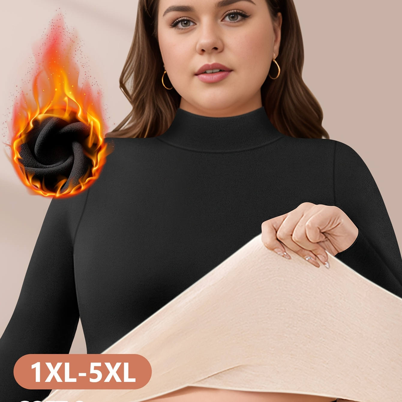 

Plus Size Elegant Thermal Underwear Top, Women' Long Sleeve Mock Neck Warm Fleece Lined Base Layer Top For Fall & Winter