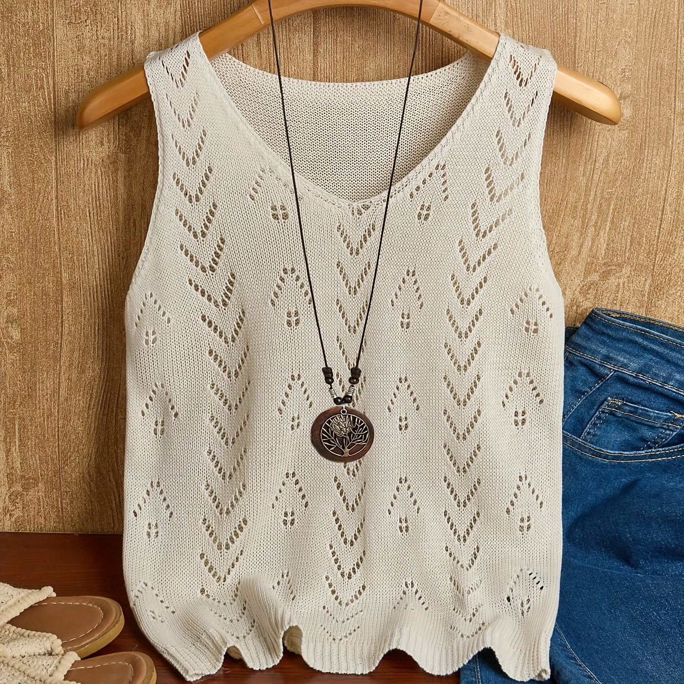 TEMU Vacation Beach Essential Women's Tank Top, Early Autumn Solid Color Hollow Sleeveless Shirt Lightweight Breathable Versatile Outerwear Base Layer