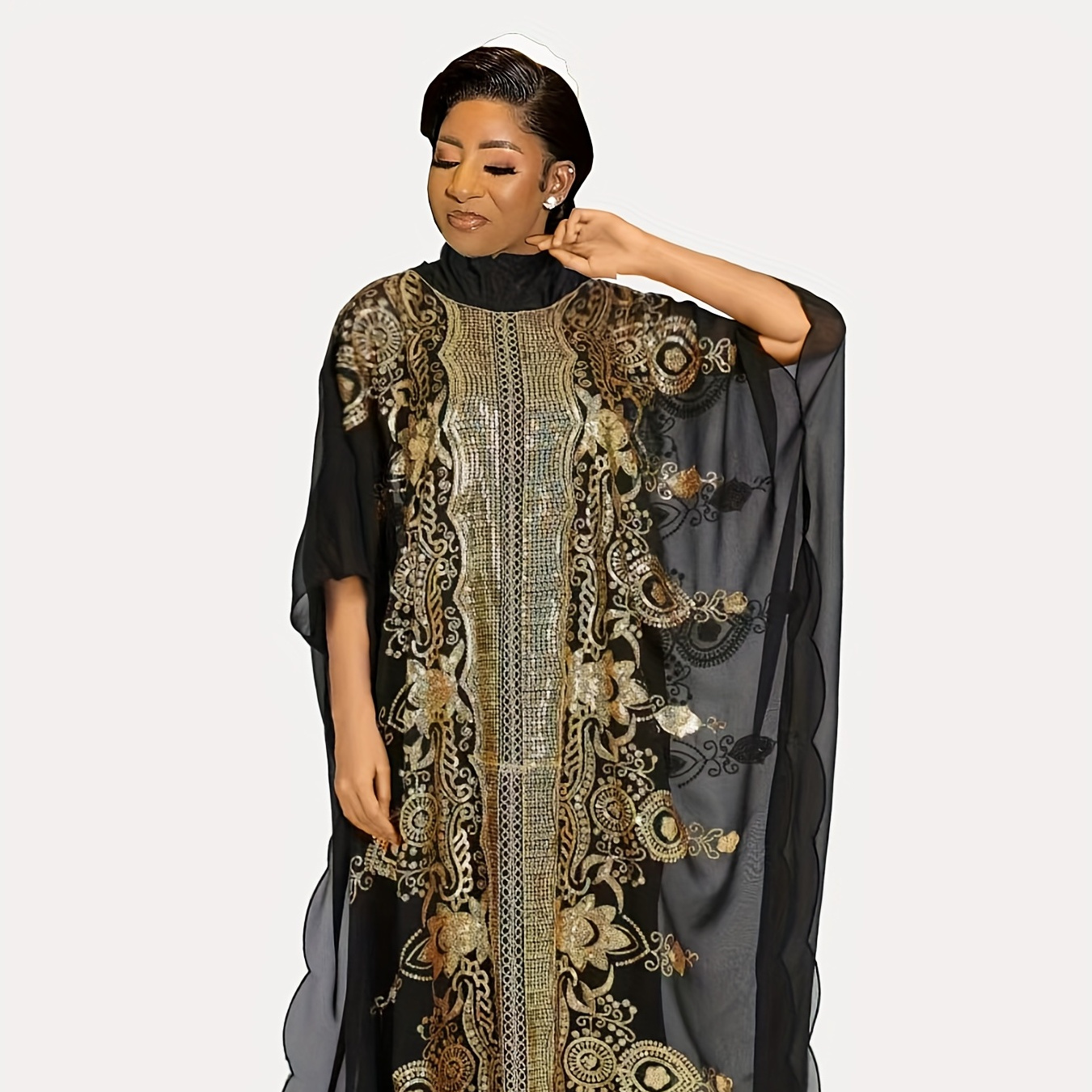 Plus Size Elegant Dress, Women's Plus African Sequin Embroidered Translucent Dashiki Dress