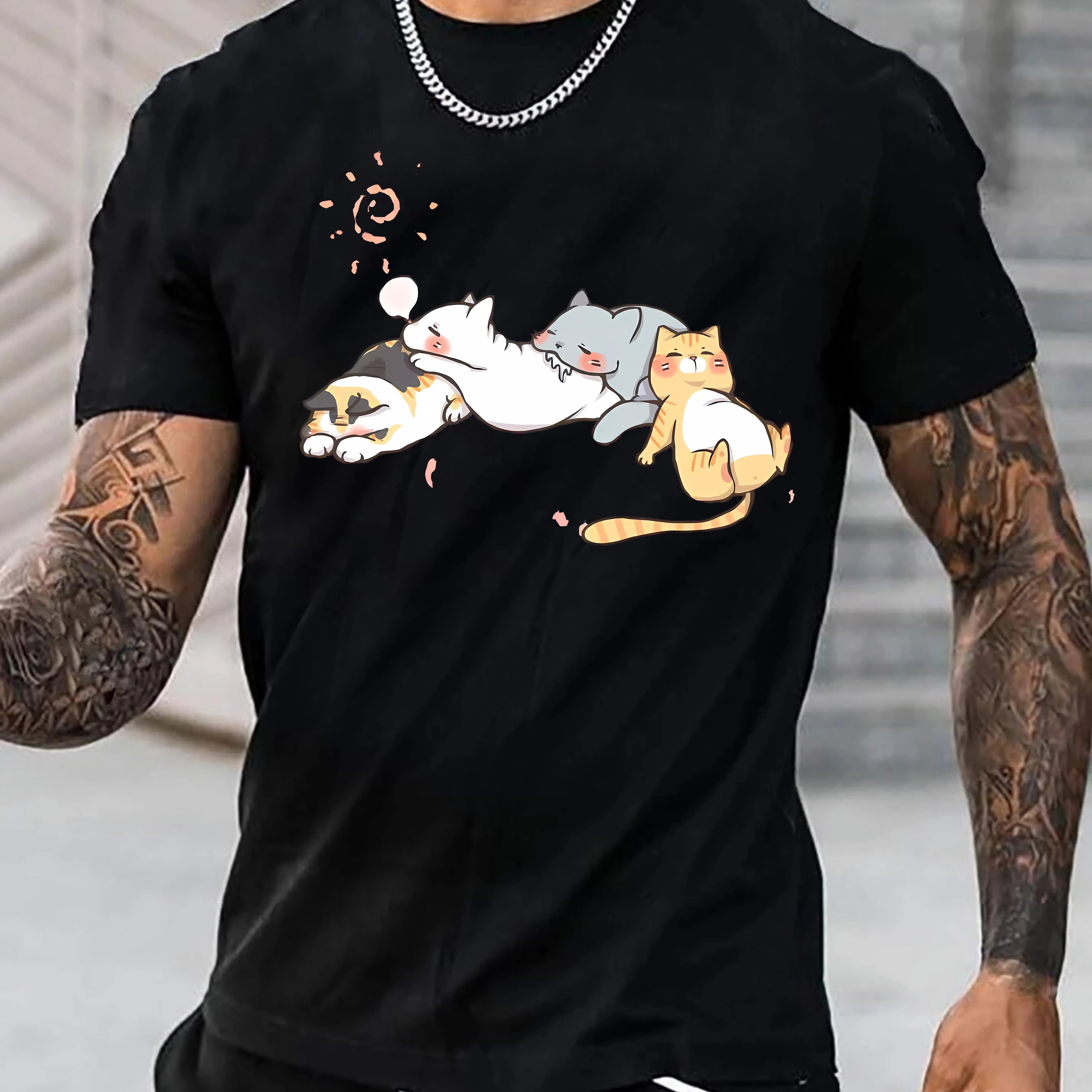 

Cute Cats Napping Print Tee Shirt, Tee For Men, Casual Short Sleeve T-shirt For Summer Spring Fall, Tops As Gifts