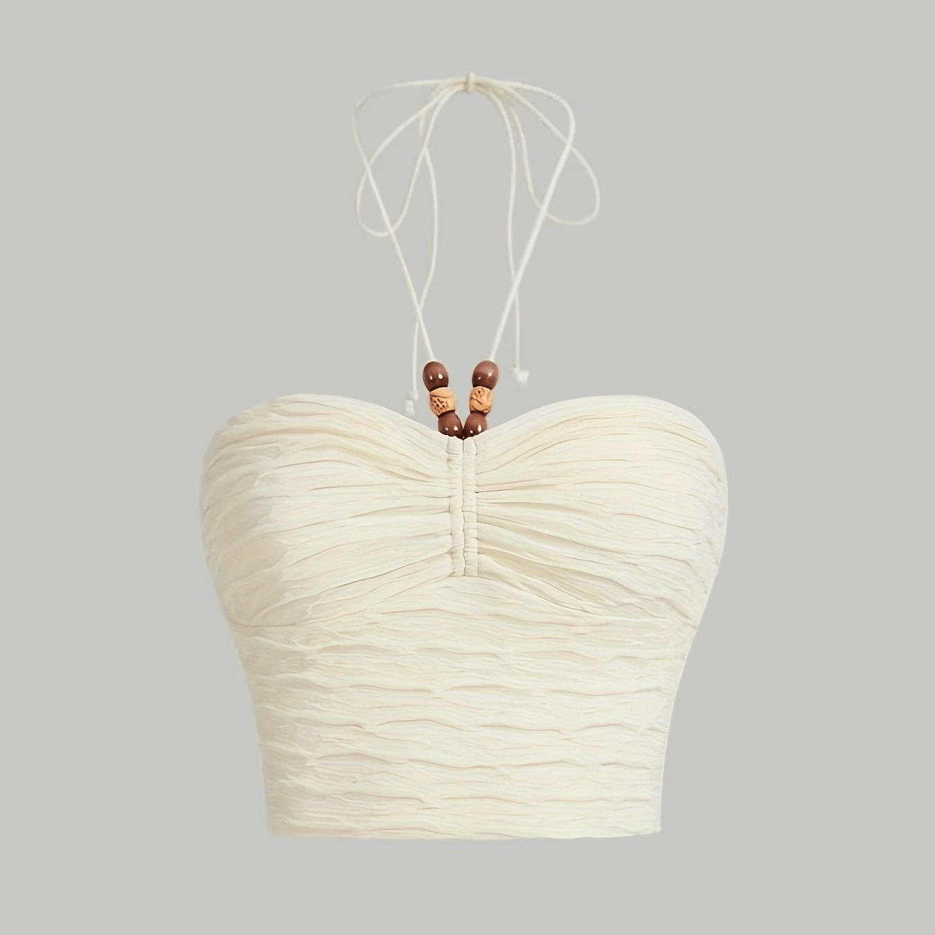 

Bead Decor Halter Neck Cami Top, Casual Backless Ruched Front Crop Top For Vacation & Traveling, Women's Clothing
