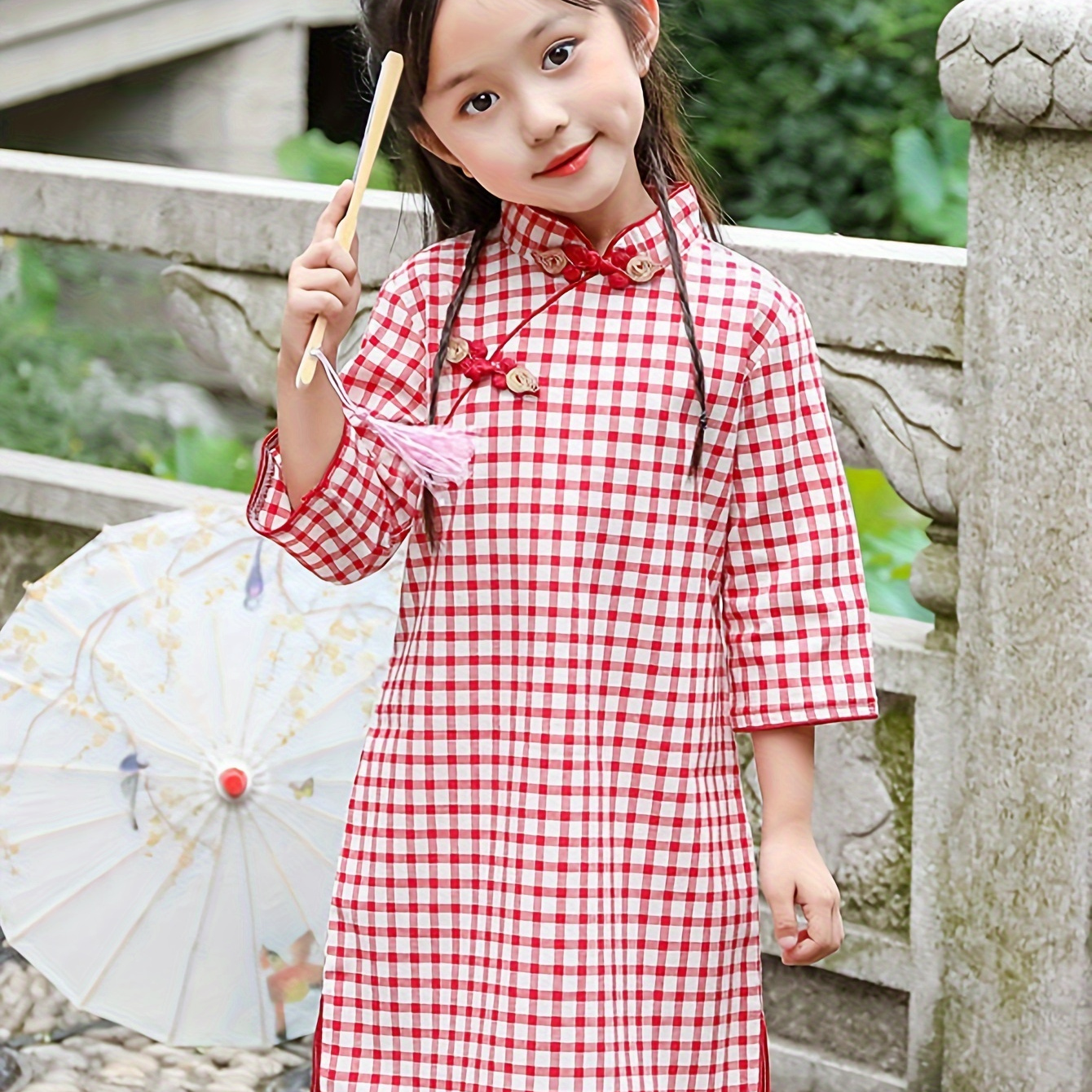 Girl's Chinese Vintage Style Plaid Qipao Dress