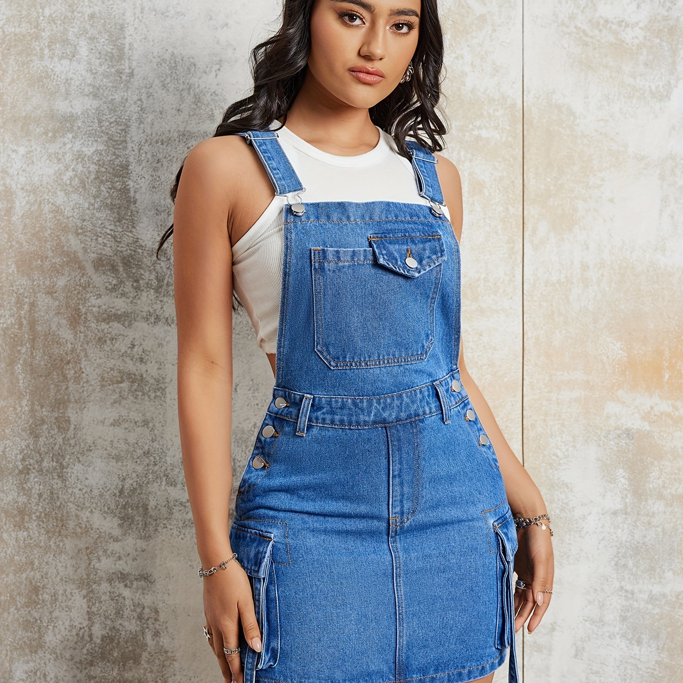 

Women's Sexy Plain Washed Blue Denim Overall Dress, Sleeveless Mini Jean Pinafore With Pocket Detail, Adjustable Straps, Casual Summer Outfit