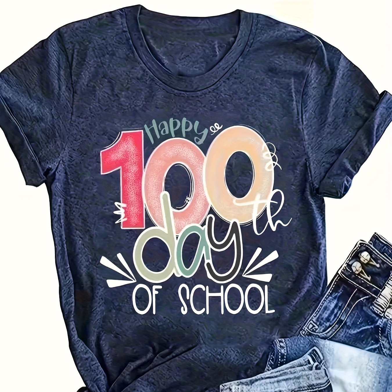 

Graphic Tee| Stylish "happy 100th Day Of School" Women's T-shirt - Casual Fit, Soft Polyester , Machine Washable, Round Neck, Short Sleeve With Letter Print