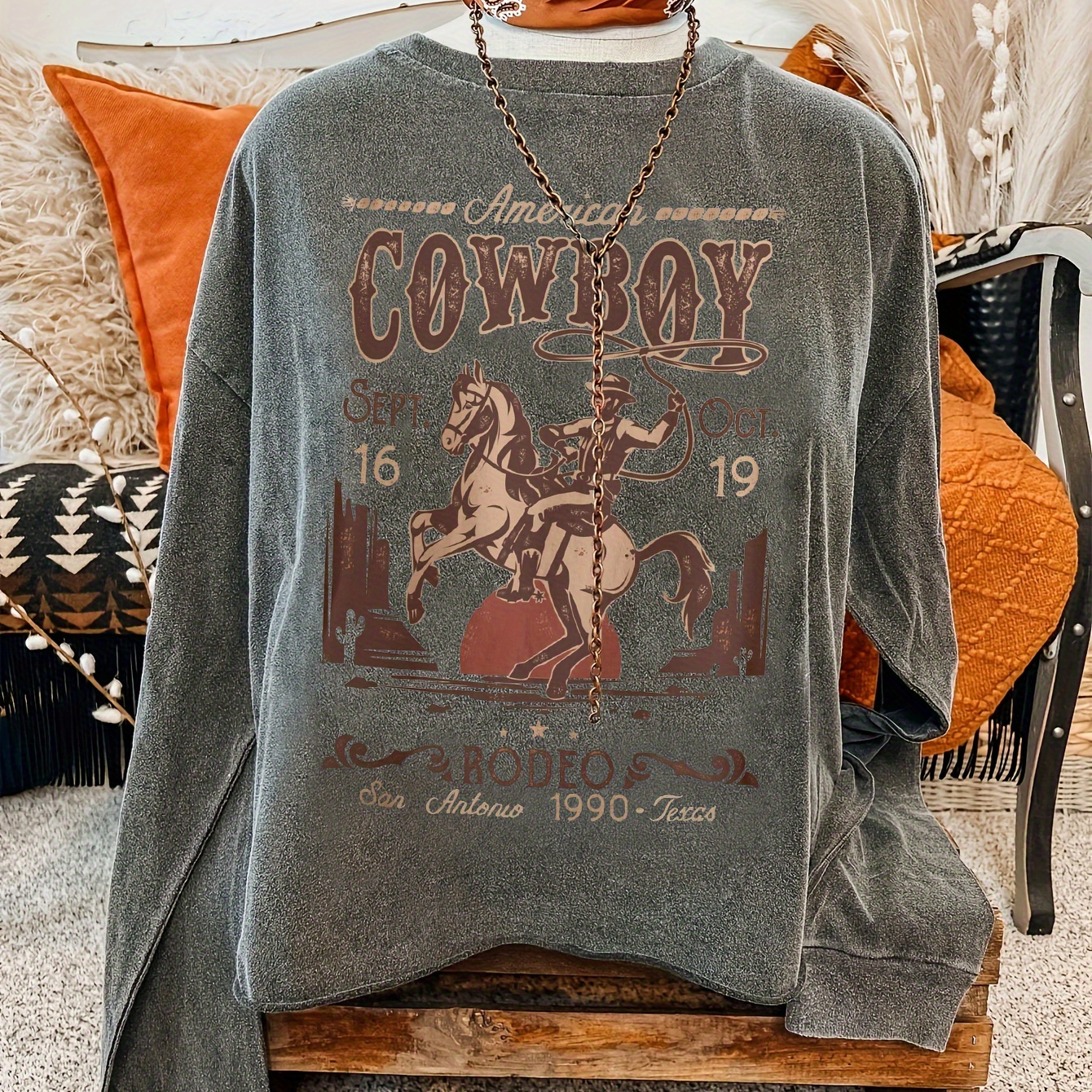 

Women's Casual Crew Neck Sweatshirt With Cowboy , 100% Polyester Knit Fabric, Animal Pattern, 230g/m², Spring/fall Fashion Top