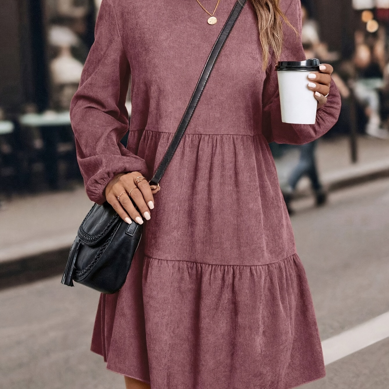 

Solid Color Crew Neck Dress, Elegant Long Sleeve Ruffle Hem Dress For Spring & Fall, Women's Clothing