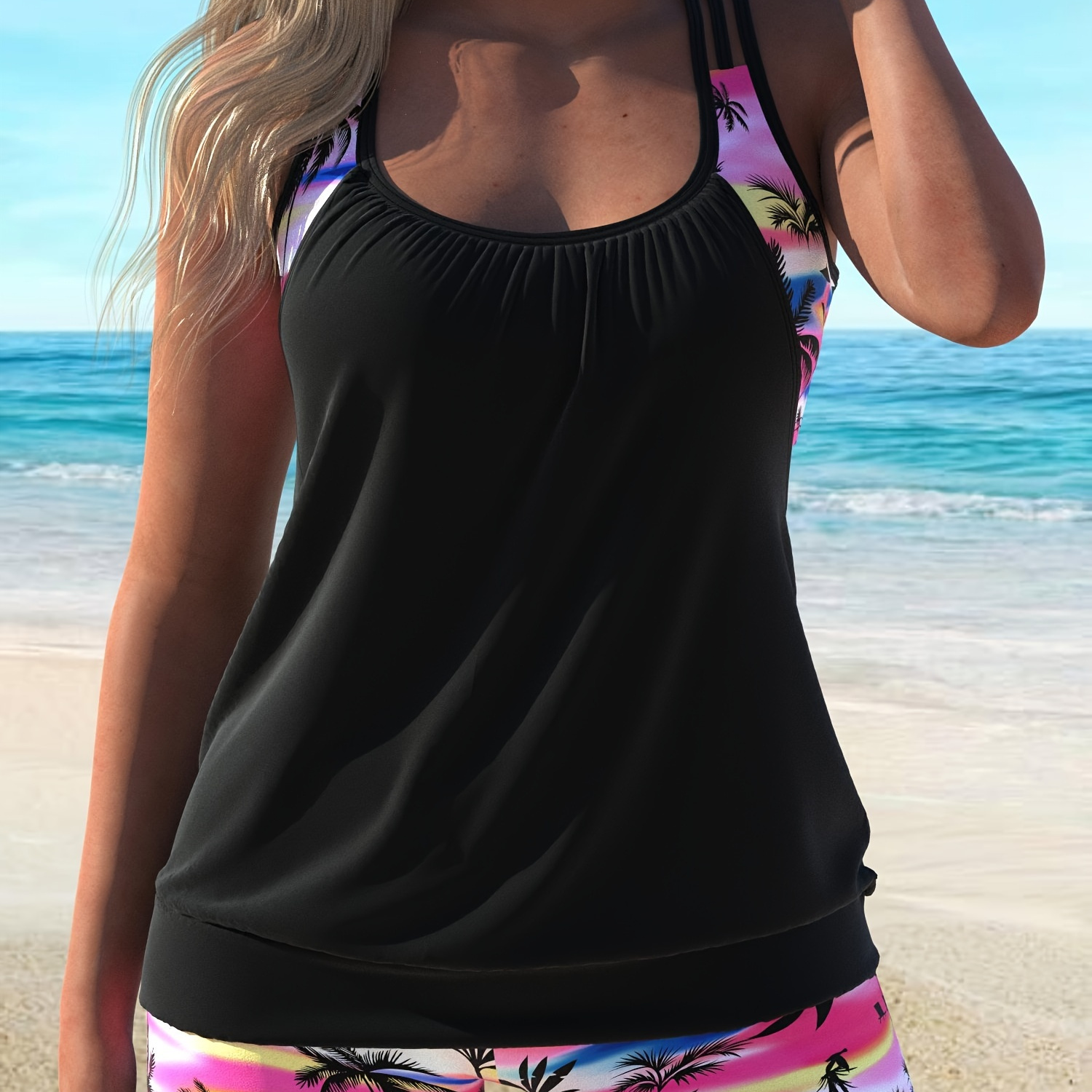 

2 Piece Women's Plus Size Tankini Set, Fashionable Black Top With Palm Tree Print Bottoms, Scoop Neck, Racerback Swimsuit, Beachwear, Summer