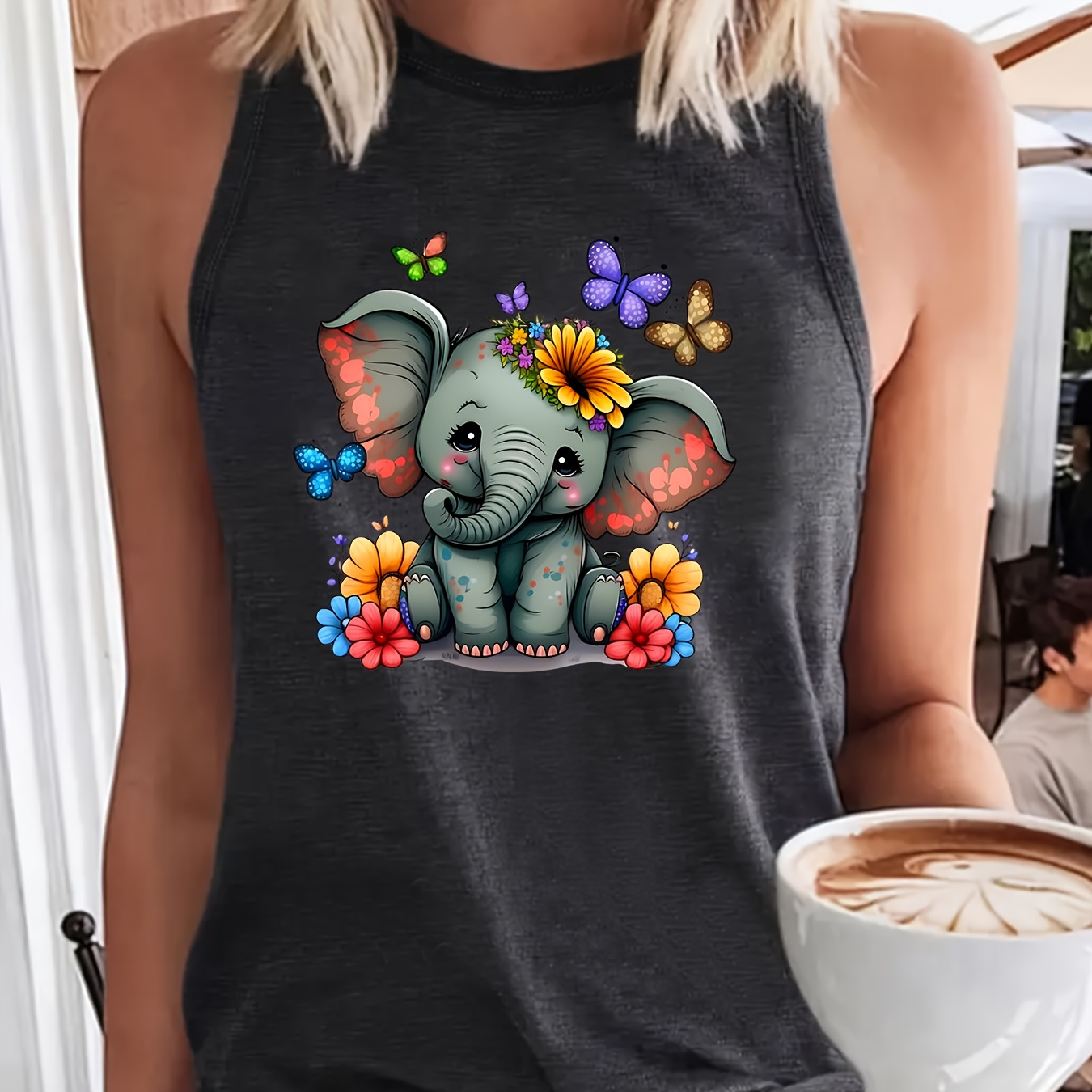 

Cute Elephant Print Crew Neck Tank Top, Casual Sleeveless Tank Top For Summer, Women's Clothing