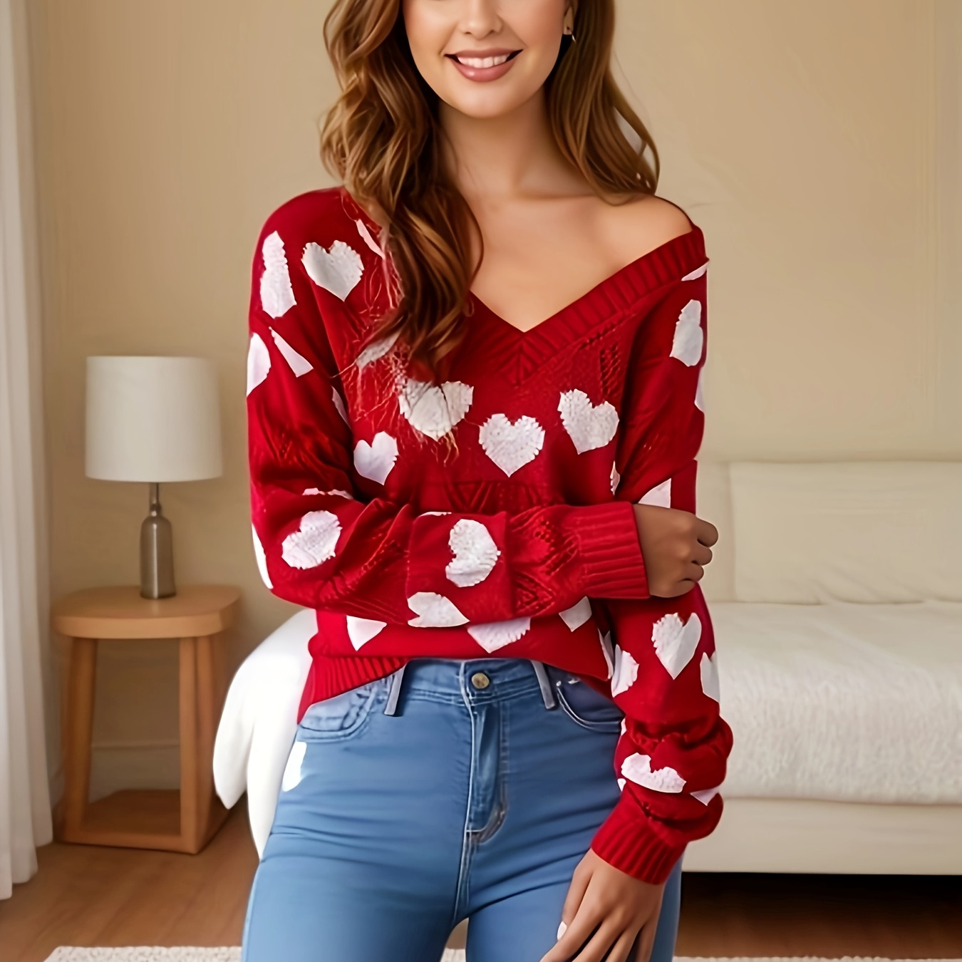 

Elegant Plus Size V-neck Sweater With Heart Pattern & Eyelet Embroidery - Long Sleeve, Casual Knit For Fall/winter