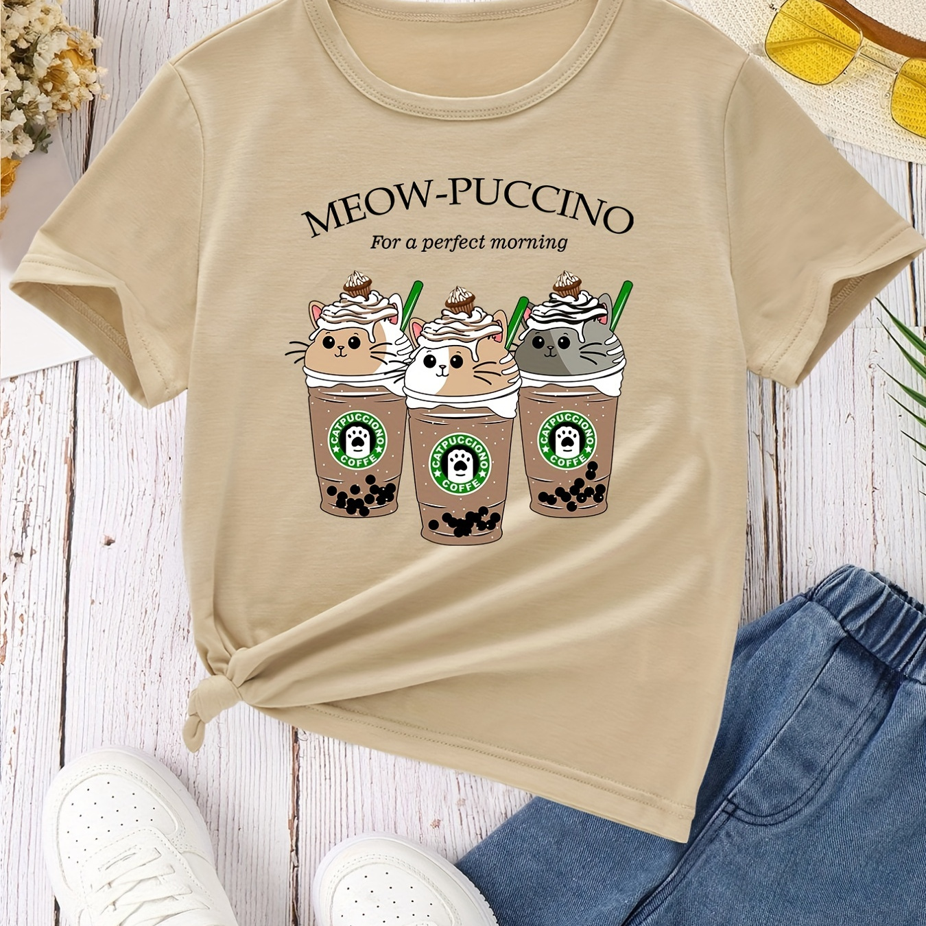 

Girls Boys Casual Milktea & Kitty Graphic T-shirt Comfortable Crew Neck Tees Top Kids Summer Clothes