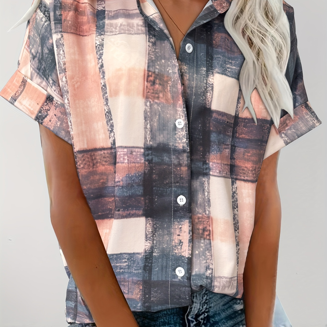 

Plaid Print Button Front Shirt, Casual Short Sleeve Shirt For Spring & Summer, Women's Clothing