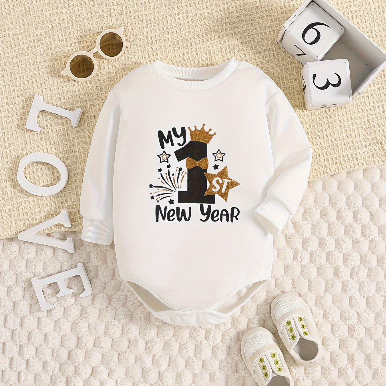 1st New Year Print Bodysuit Baby Boys Comfy Long Sleeve Temu