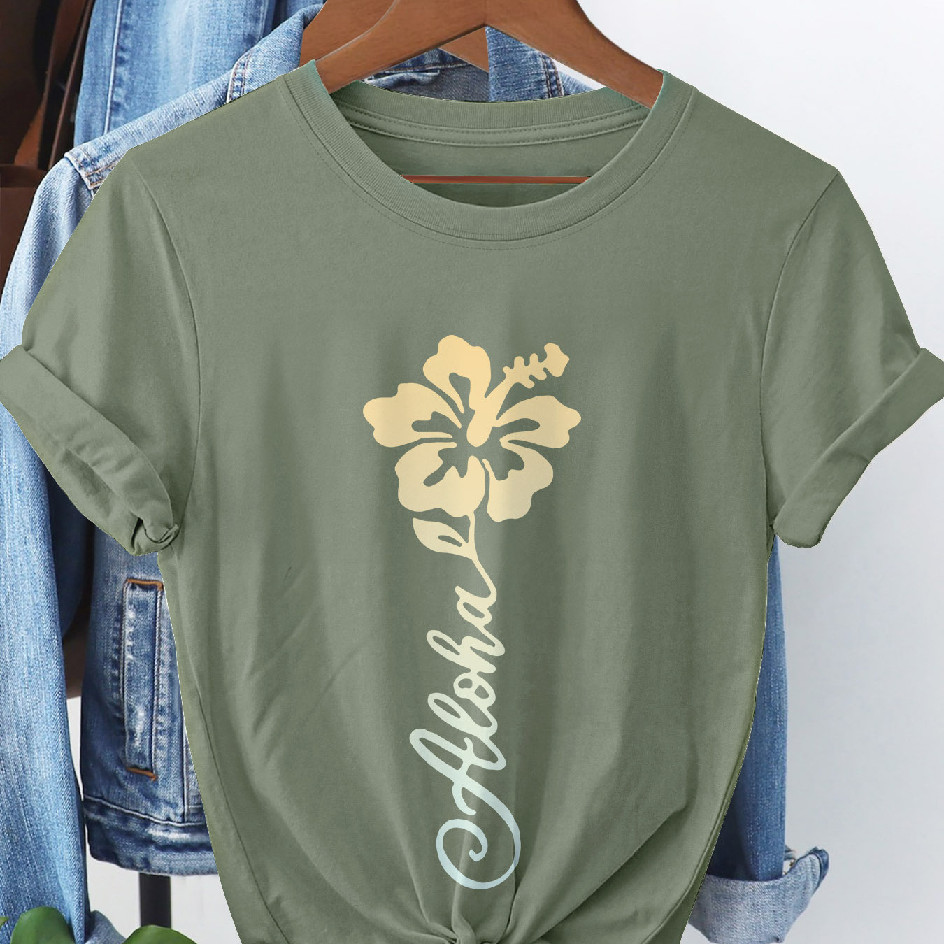 

Aloha Floral Print T-shirt, Short Sleeve Crew Neck Casual Top For Summer & Spring, Women's Clothing