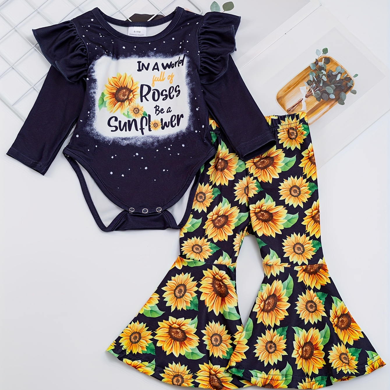 

Autumn Baby Girls Cute Outfits, Toddler's Long Sleeve Flower Letter Print Onesie & Flower Print Flared Pants Set