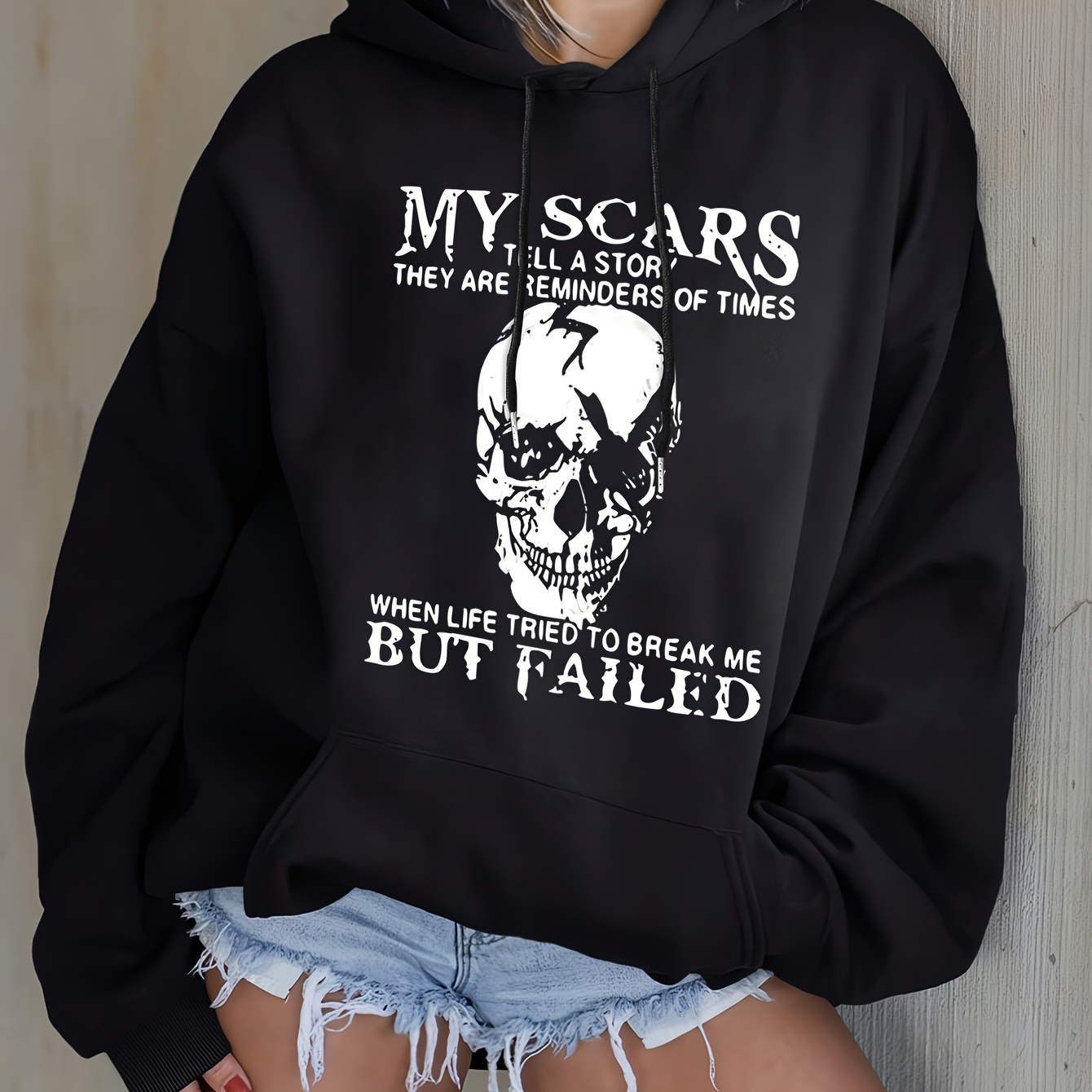 

[ Fit] Women's Casual Skull Print Hoodie With "my Scars" Graphic - Black Polyester Knit Pullover, Machine Washable, Edgy Streetwear Style, Hoodie|casual Pullover|