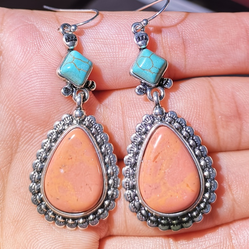 1 Par Aretes Moda Ágata Roja Turquesa Colores Mixtos Piedras - Temu