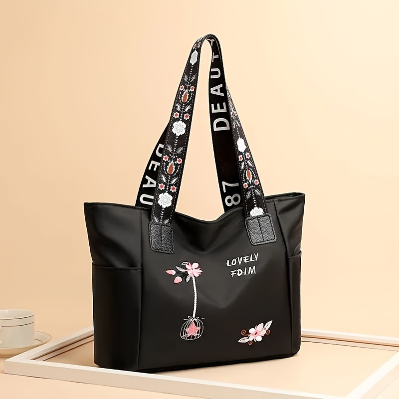 

Flower Print Large-capacity Tote Bag, Trendy Shoulder Bag For Work, Zipper Handbag With Flower Print Shoulder Straps