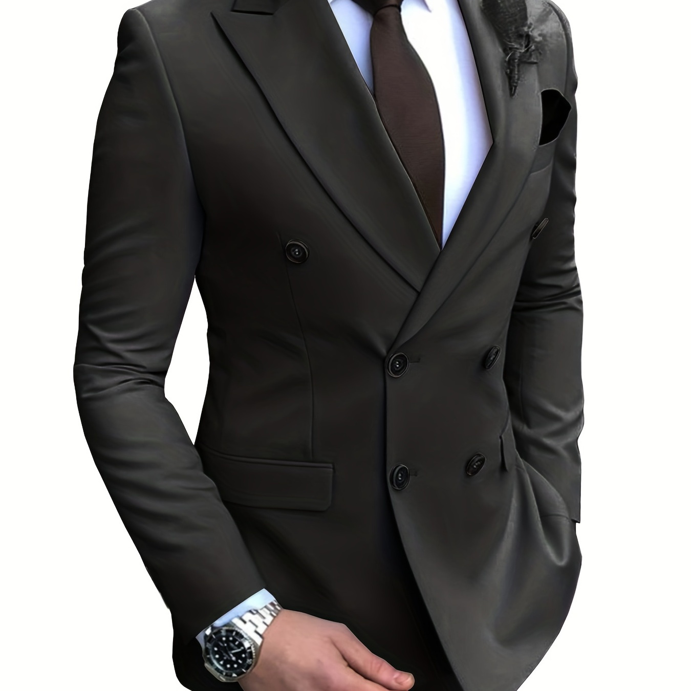 Formal 2 Pieces Set, Men's Double Breasted Suit Jacket & Dress Pants Suit Set For Business Dinner Wedding Party