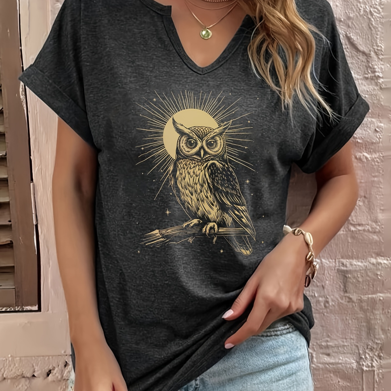 

Women's Owl T-shirt, V-neck Short Sleeve Casual Top, Summer Fashion Polyester Knit Fabric With Stretch, Regular Fit Animal Pattern Tee