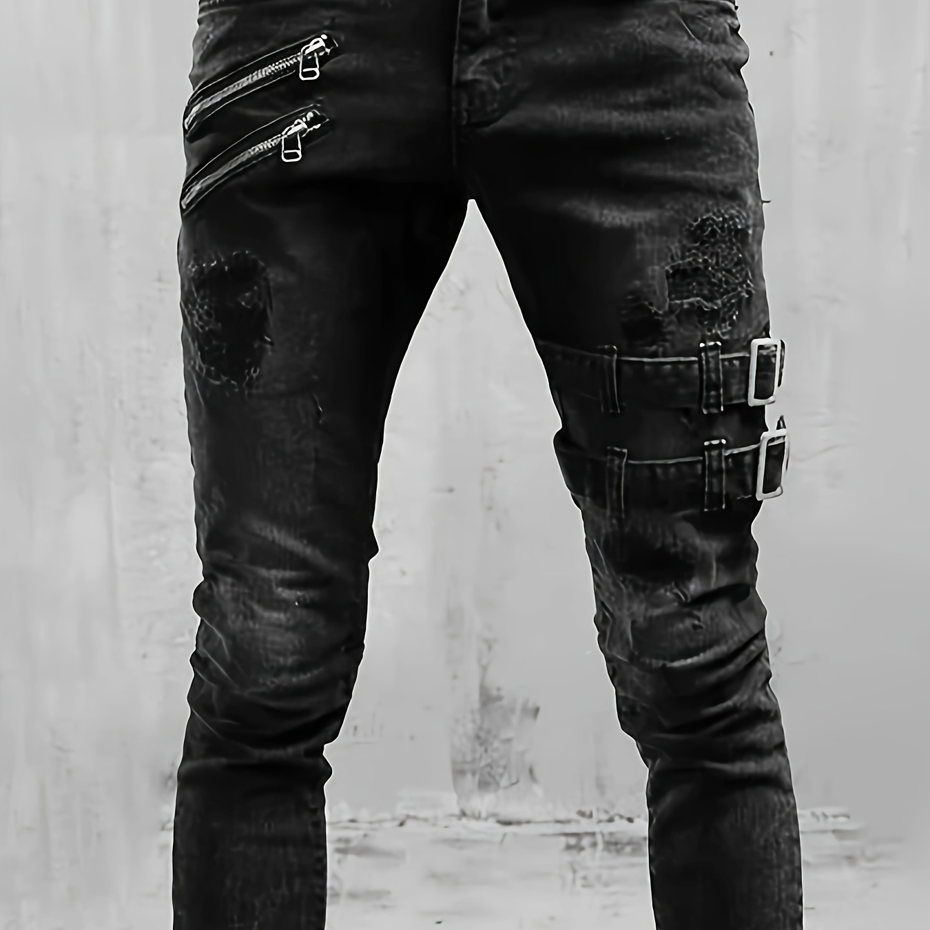 

Men's Solid Patchwork Skinny Jeans, Street Style Stylish Causal Denim Pants