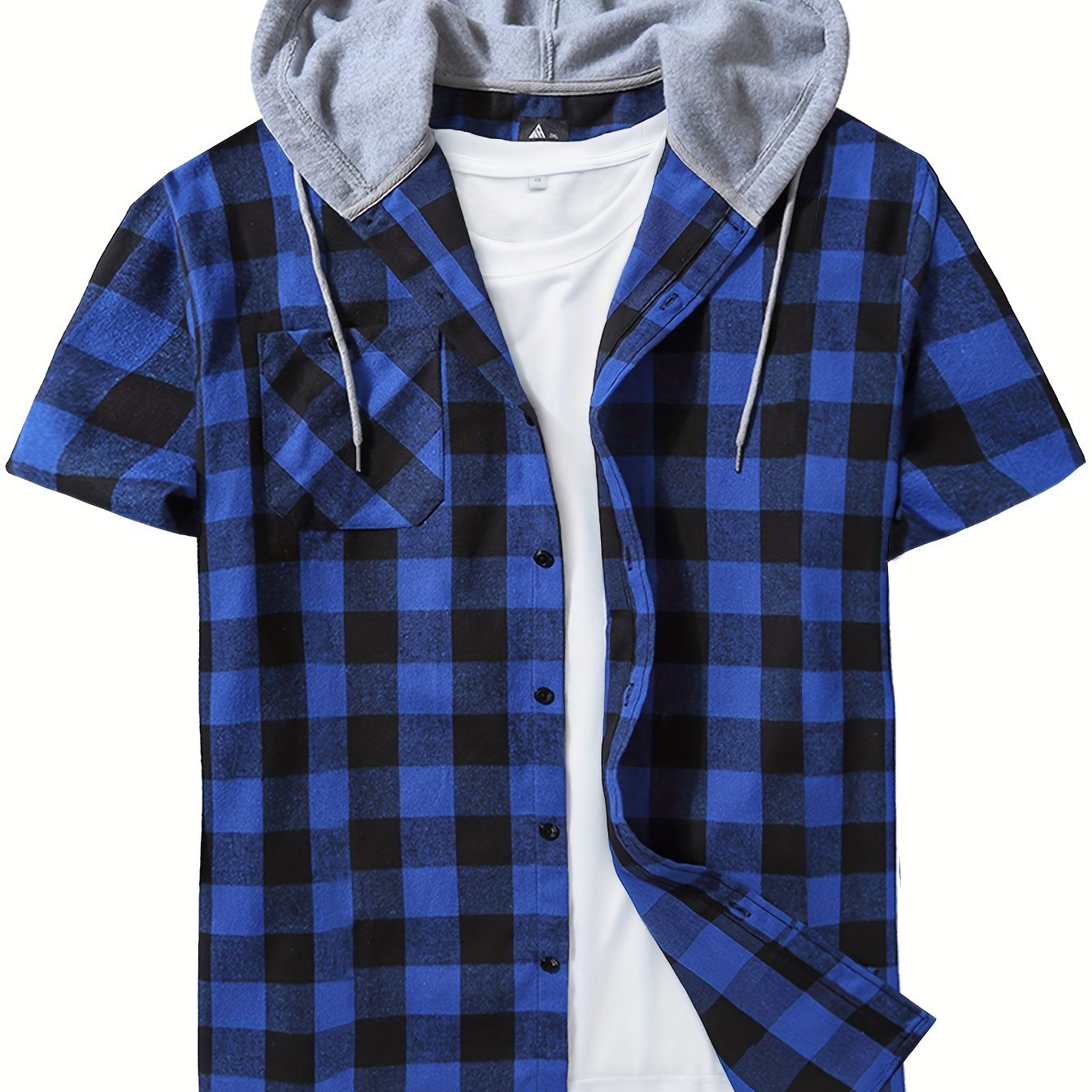 

Men's Casual Plaid Short Sleeve Shirt With Removable Hood, Button-up Checkered Summer Top For Daily Wear