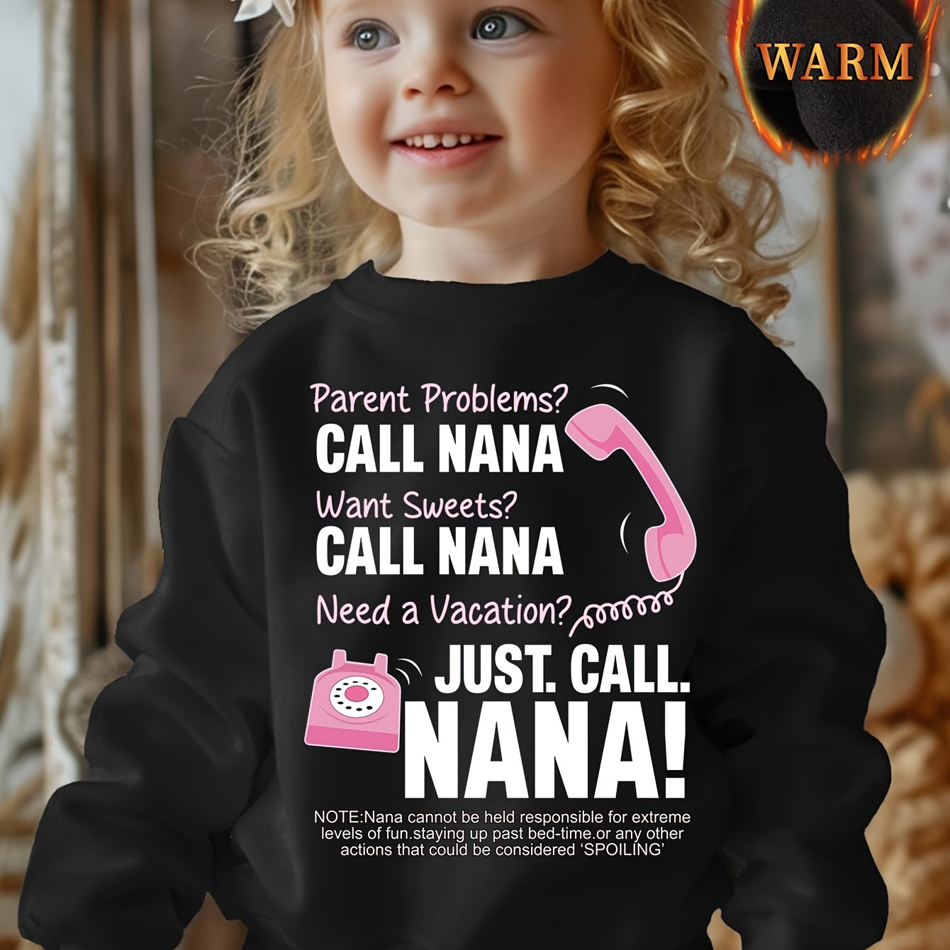 

'just Call Nana' Print Girl's Round Neck Thermal Lined Pullover Casual Long Sleeve Sweatshirt Tops For Fall/ Winter