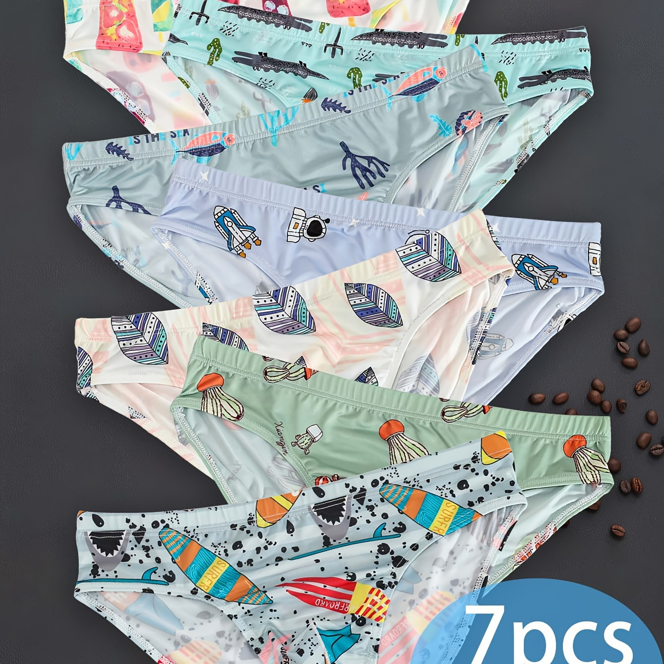 

7pcs Men' Sexy Ice Printed Briefs, Breathable Comfy High Stretch Panties For Summer