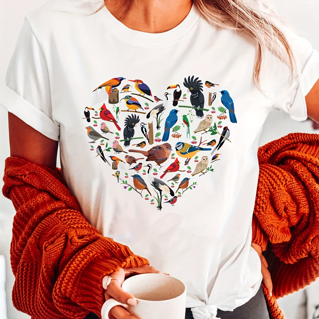 

Birds Heart Print Crew Neck T-shirt, Short Sleeve Casual Top For Summer & Spring, Women's Clothing