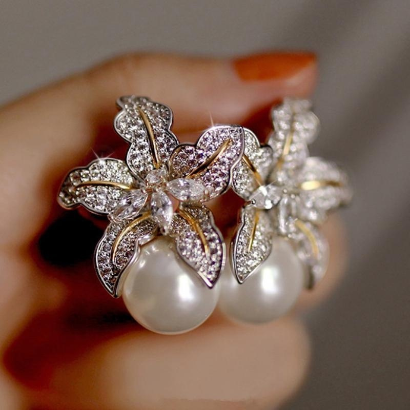 

Blooming Flower Drop Cubic Zirconia Big Round Faux Pearl Stud Earrings For Wedding Ceremony Chic Accessories
