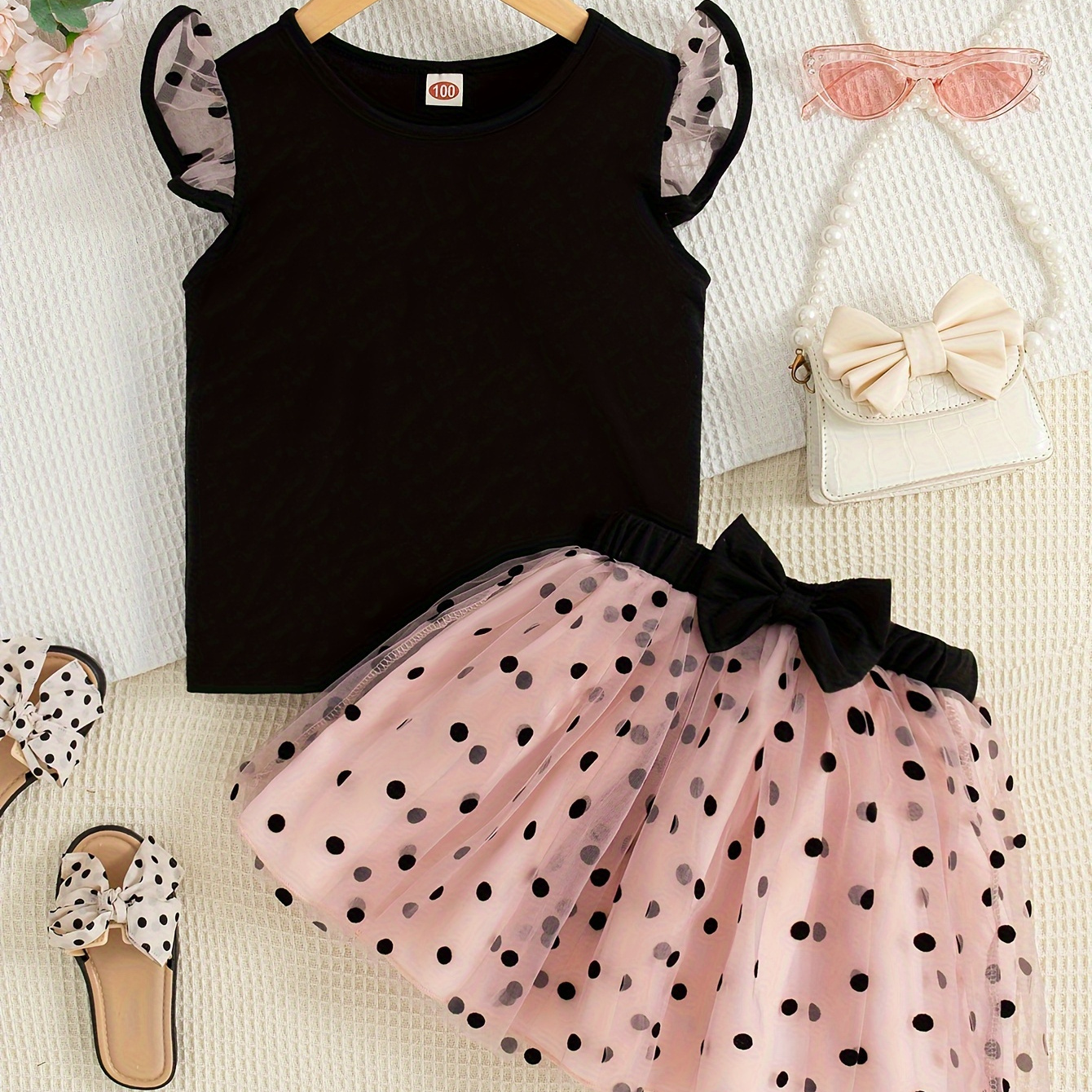 

Sweet Polka Dots Two-piece Set, Girls Casual Lace Sleeve T-shirt + Mesh Dots Tutu Skirt Vacation Summer Outfit