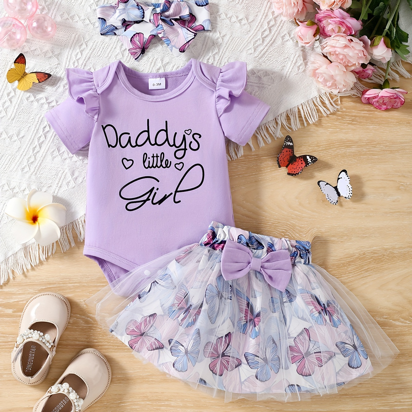 

3pcs Baby Girls Casual Flying Short Sleeve Letters Pattern Onesie + Floral Bowknot Mesh Skirt + Headband Set