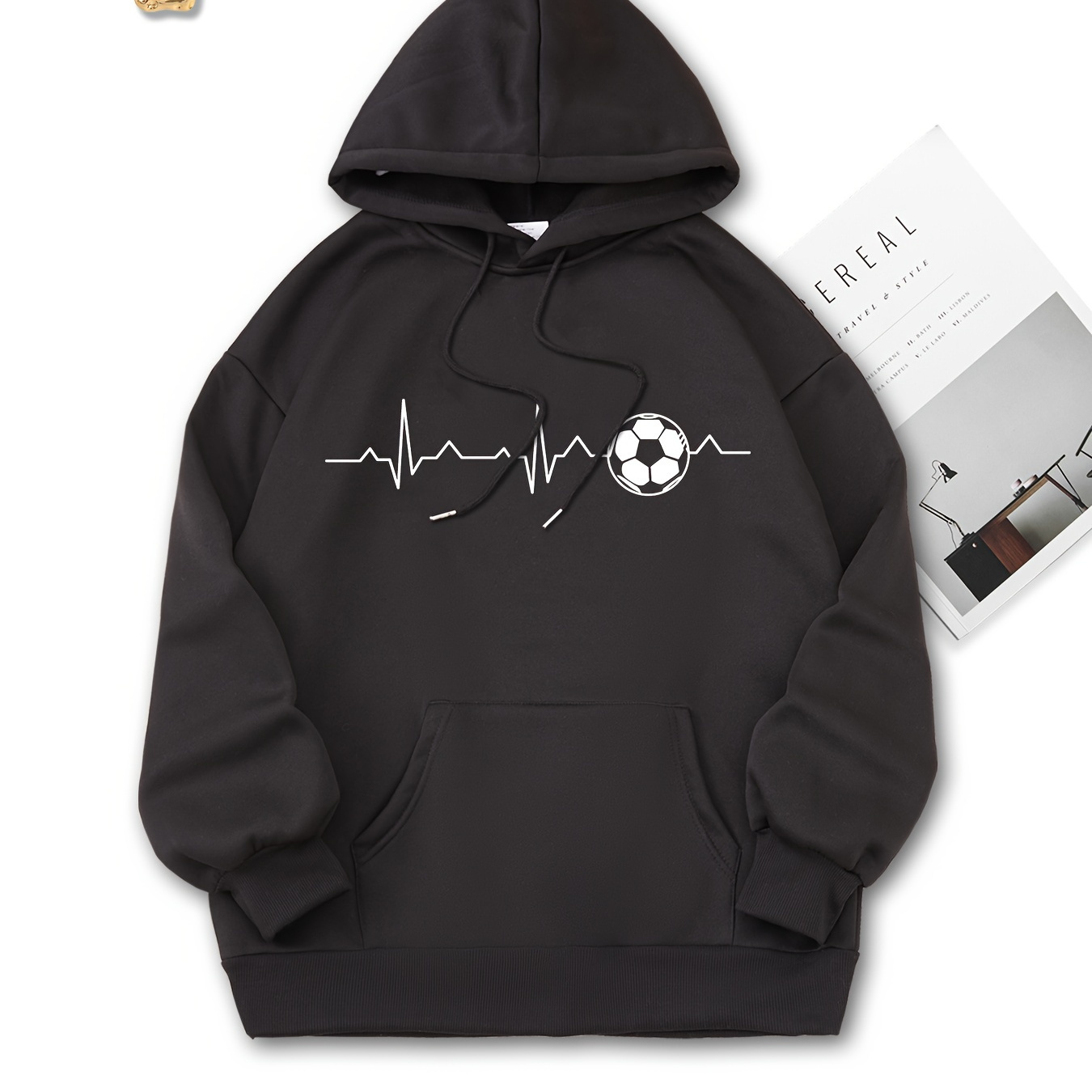 

Football Print Casual Hooded Sweatshirt, Kangaroo Pocket Pullover Hoodie, Women's Clothing